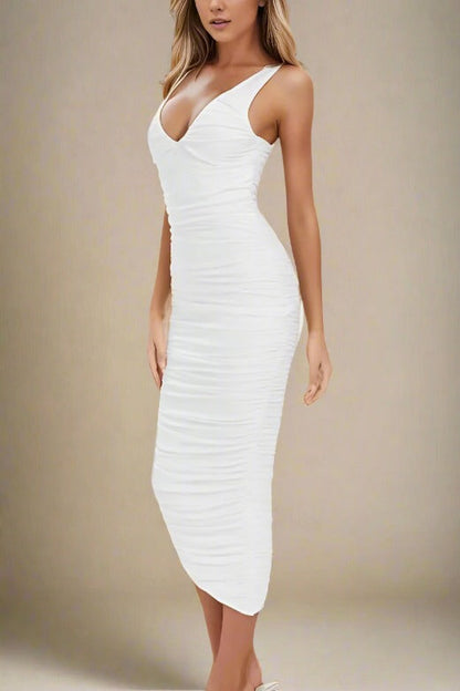 Pearl White Deep V-Neck Asymmetric Strap Ruched Wrap Bodycon Midi Dress