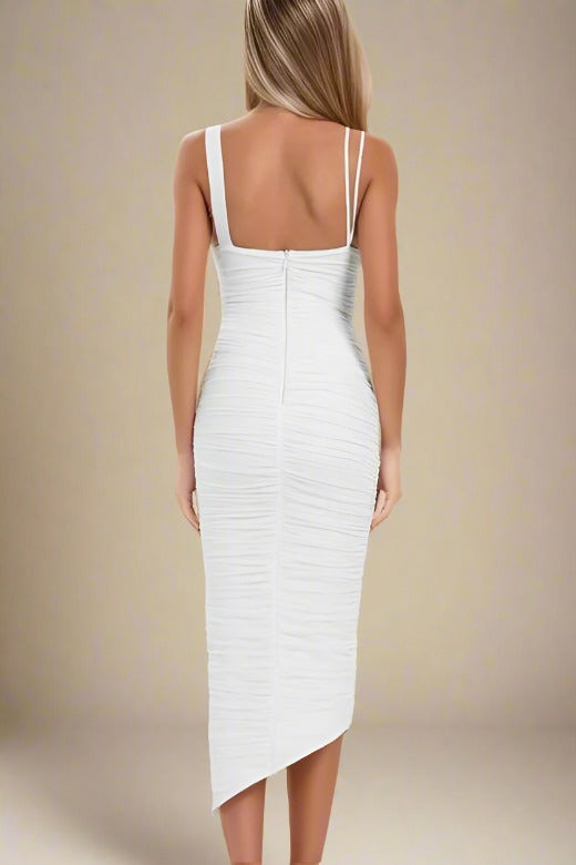 Pearl White Deep V-Neck Asymmetric Strap Ruched Wrap Bodycon Midi Dress