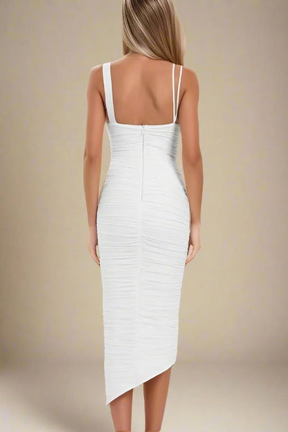 Pearl White Deep V-Neck Asymmetric Strap Ruched Wrap Bodycon Midi Dress