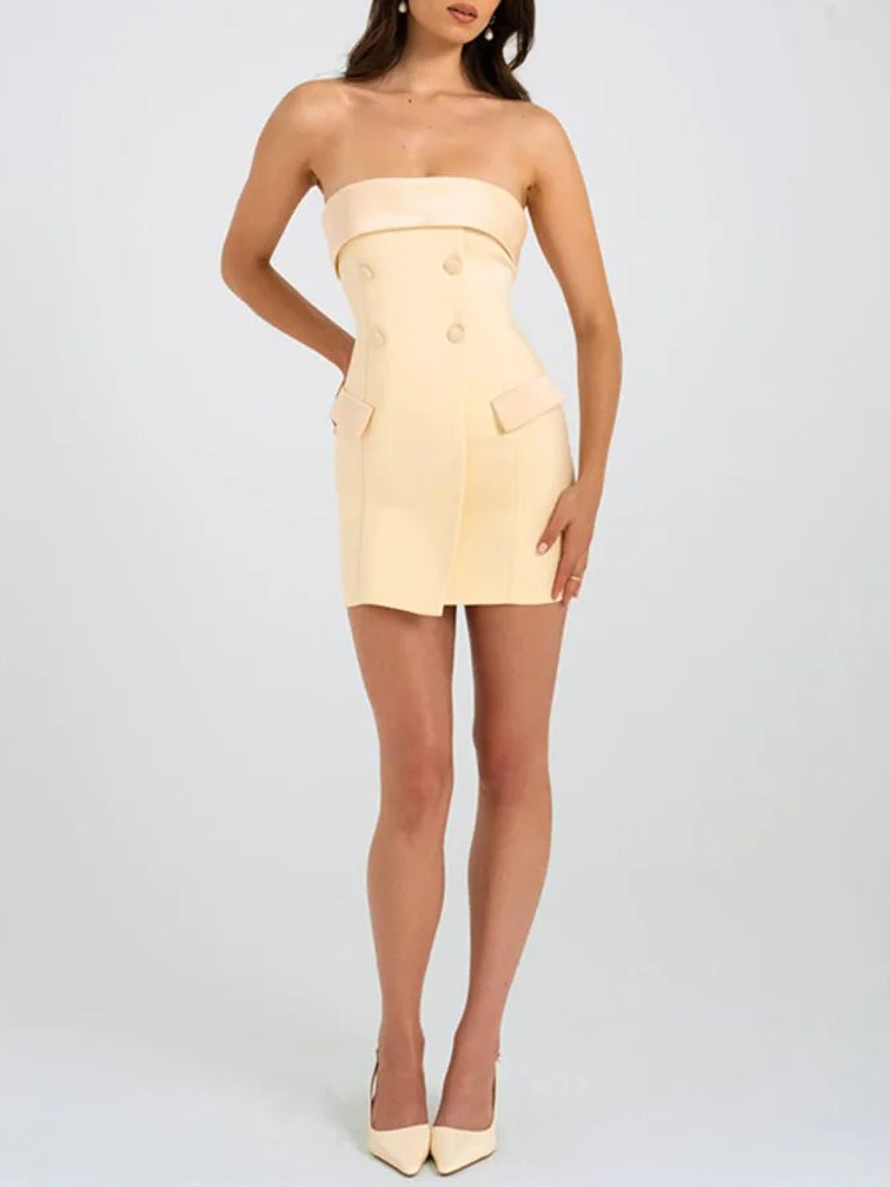 Strapless Double Breasted Satin Trim Tuxedo Mini Dress