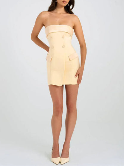 Strapless Double Breasted Satin Trim Tuxedo Mini Dress