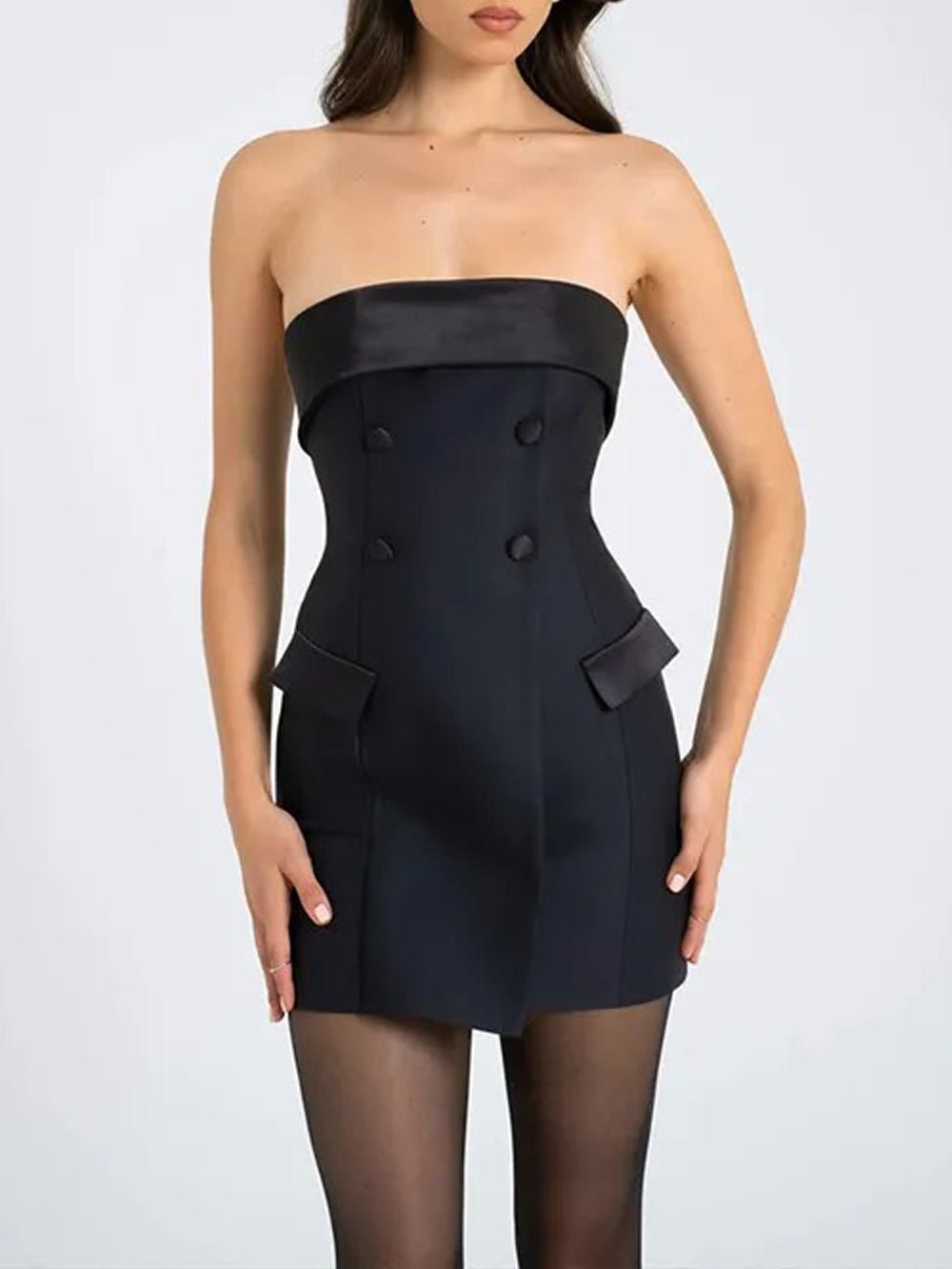 Strapless Double Breasted Satin Trim Tuxedo Mini Dress