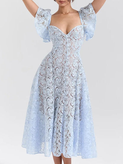 Blue Lace Sweetheart Flutter Cap Sleeve Fit and Flare Midi Dress