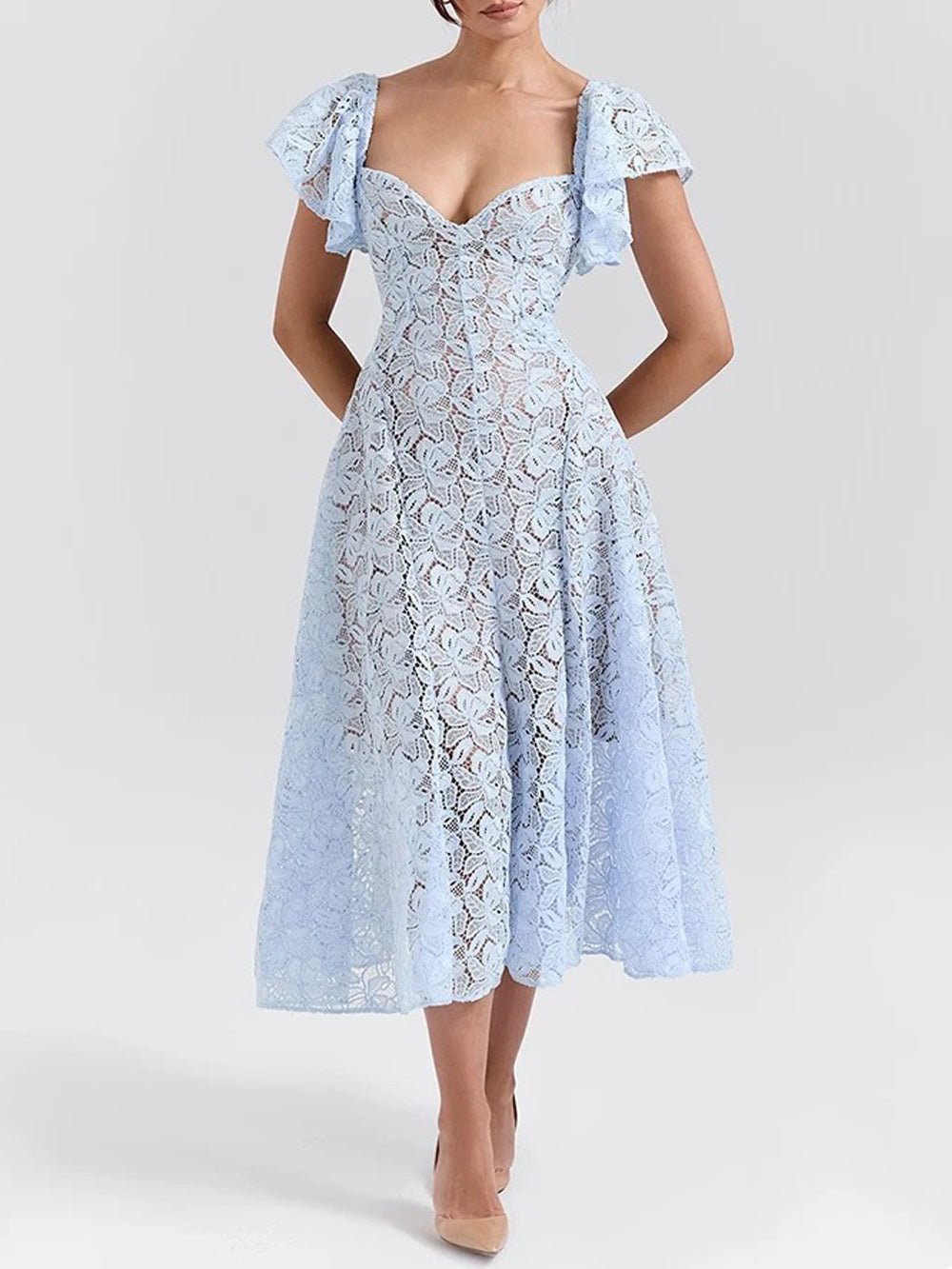 Blue Lace Sweetheart Flutter Cap Sleeve Fit and Flare Midi Dress