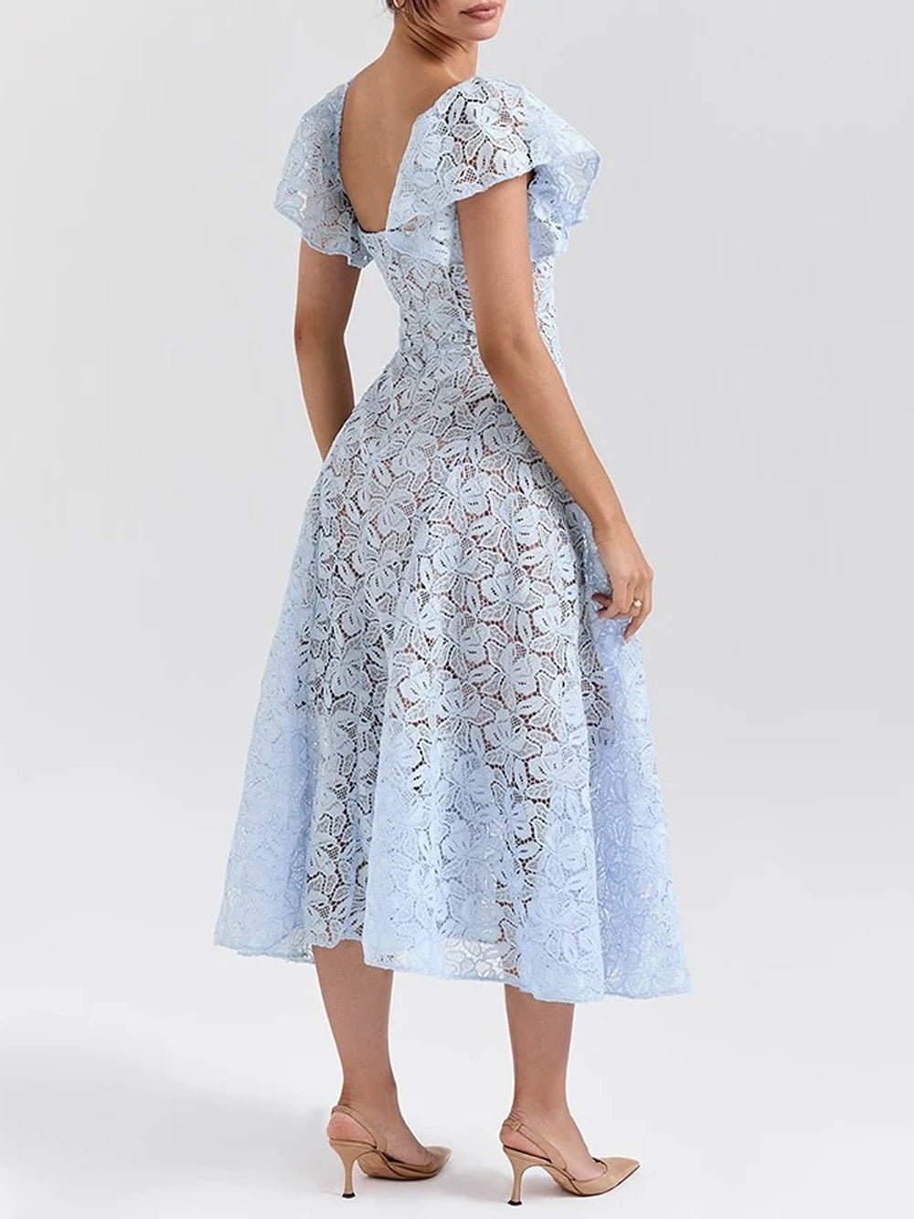 Blue Lace Sweetheart Flutter Cap Sleeve Fit and Flare Midi Dress