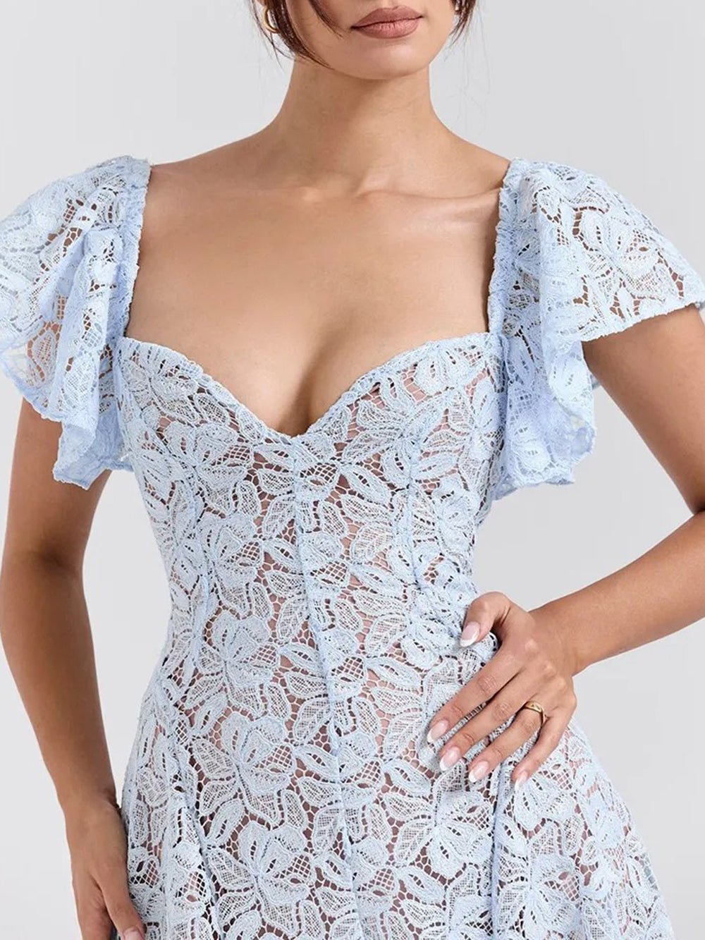 Blue Lace Sweetheart Flutter Cap Sleeve Fit and Flare Midi Dress