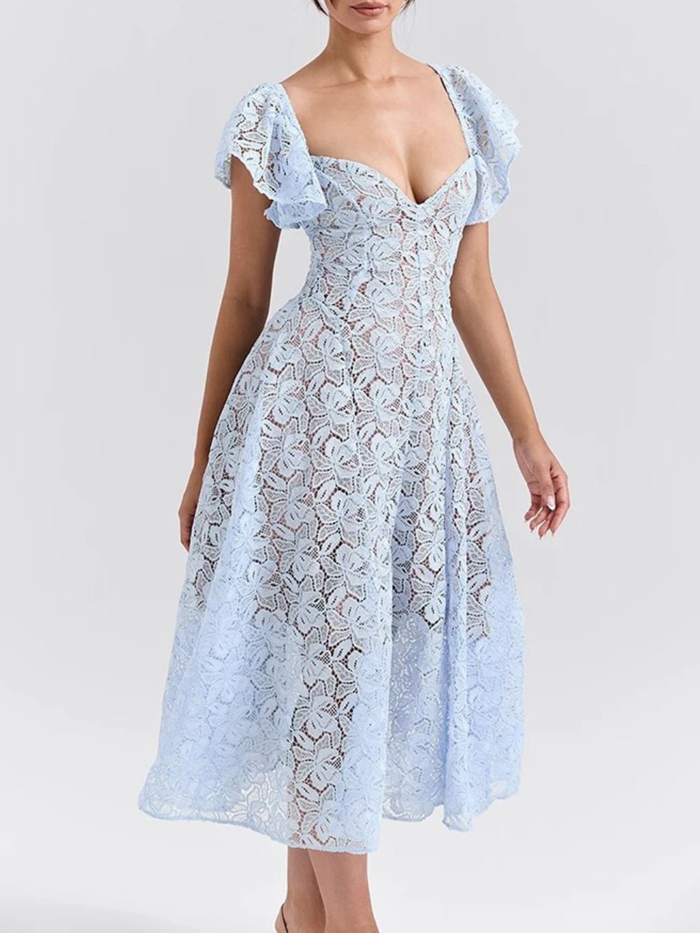 Blue Lace Sweetheart Flutter Cap Sleeve Fit and Flare Midi Dress