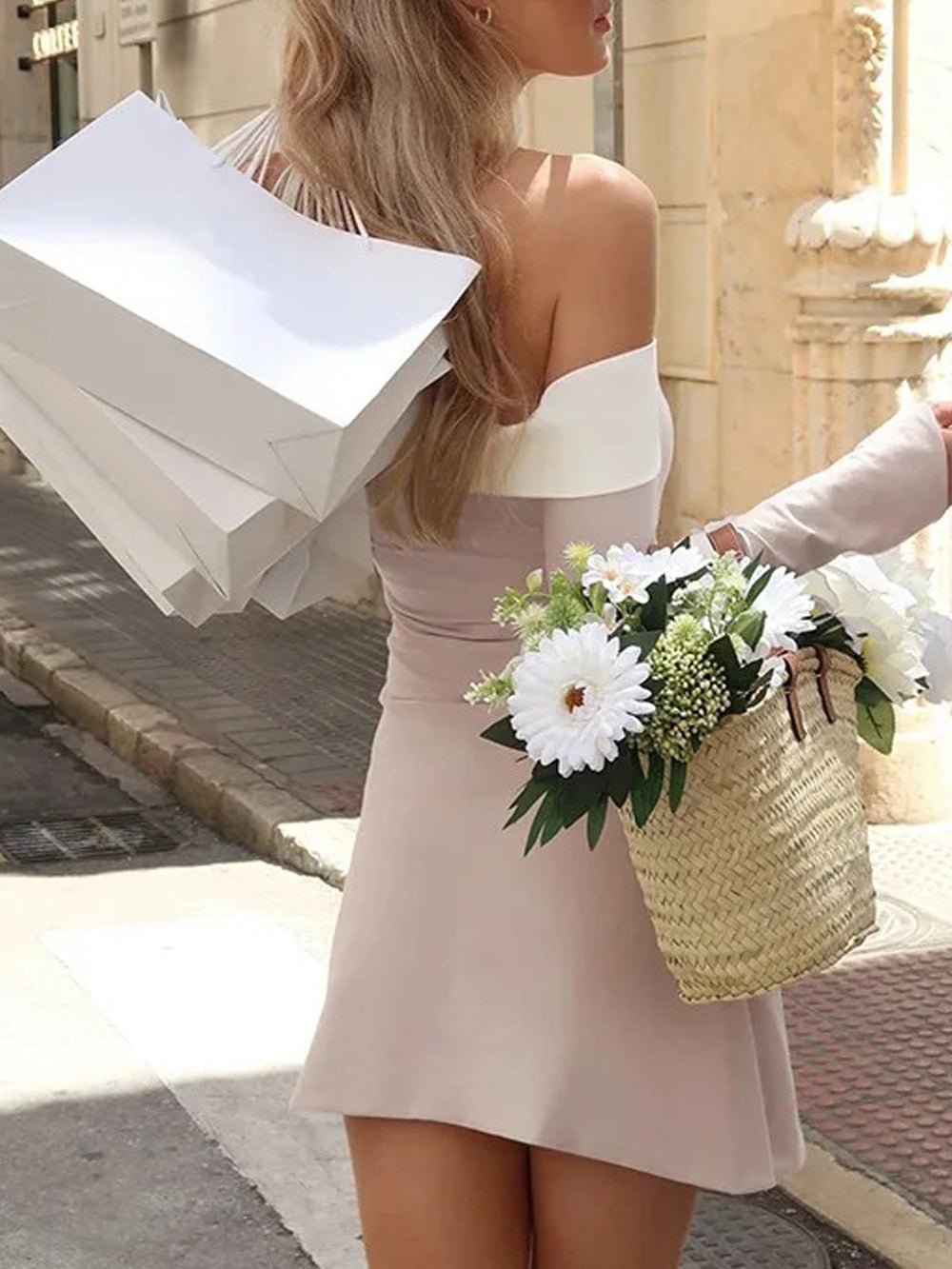 Off Shoulder Contrast Band Bell Sleeve Fit and Flare Mini Dress