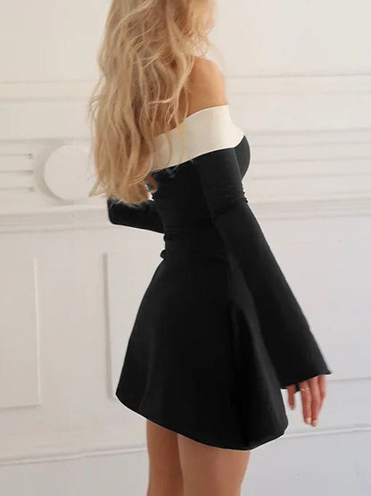 Off Shoulder Contrast Band Bell Sleeve Fit and Flare Mini Dress
