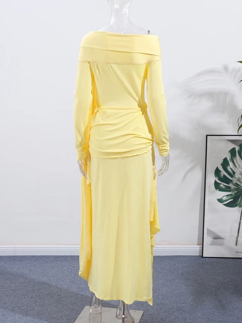 Yellow Off Shoulder Mesh Long Sleeve Knotted Drape Maxi Gown