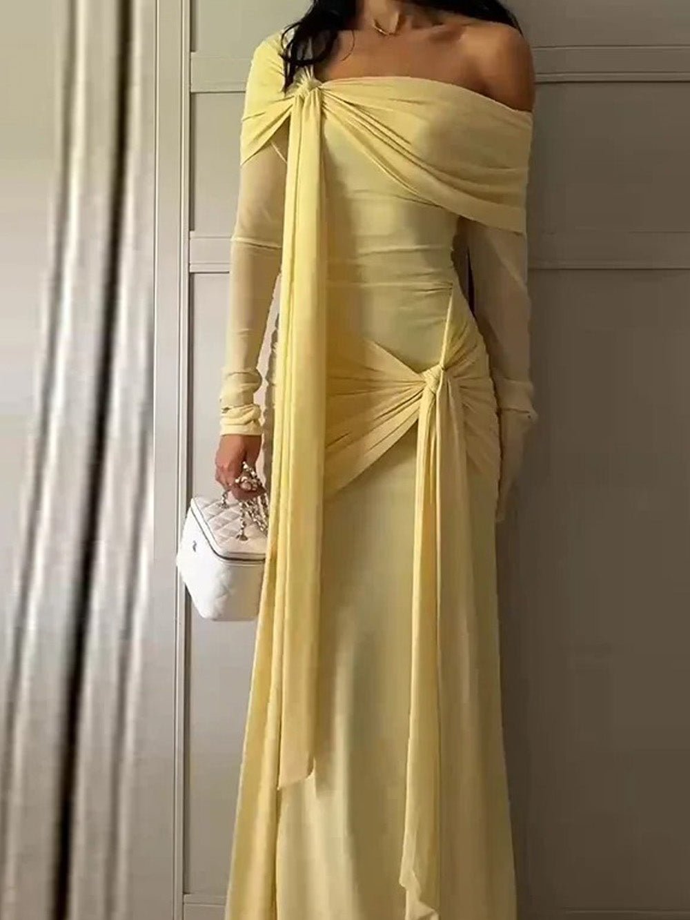 Yellow Off Shoulder Mesh Long Sleeve Knotted Drape Maxi Gown