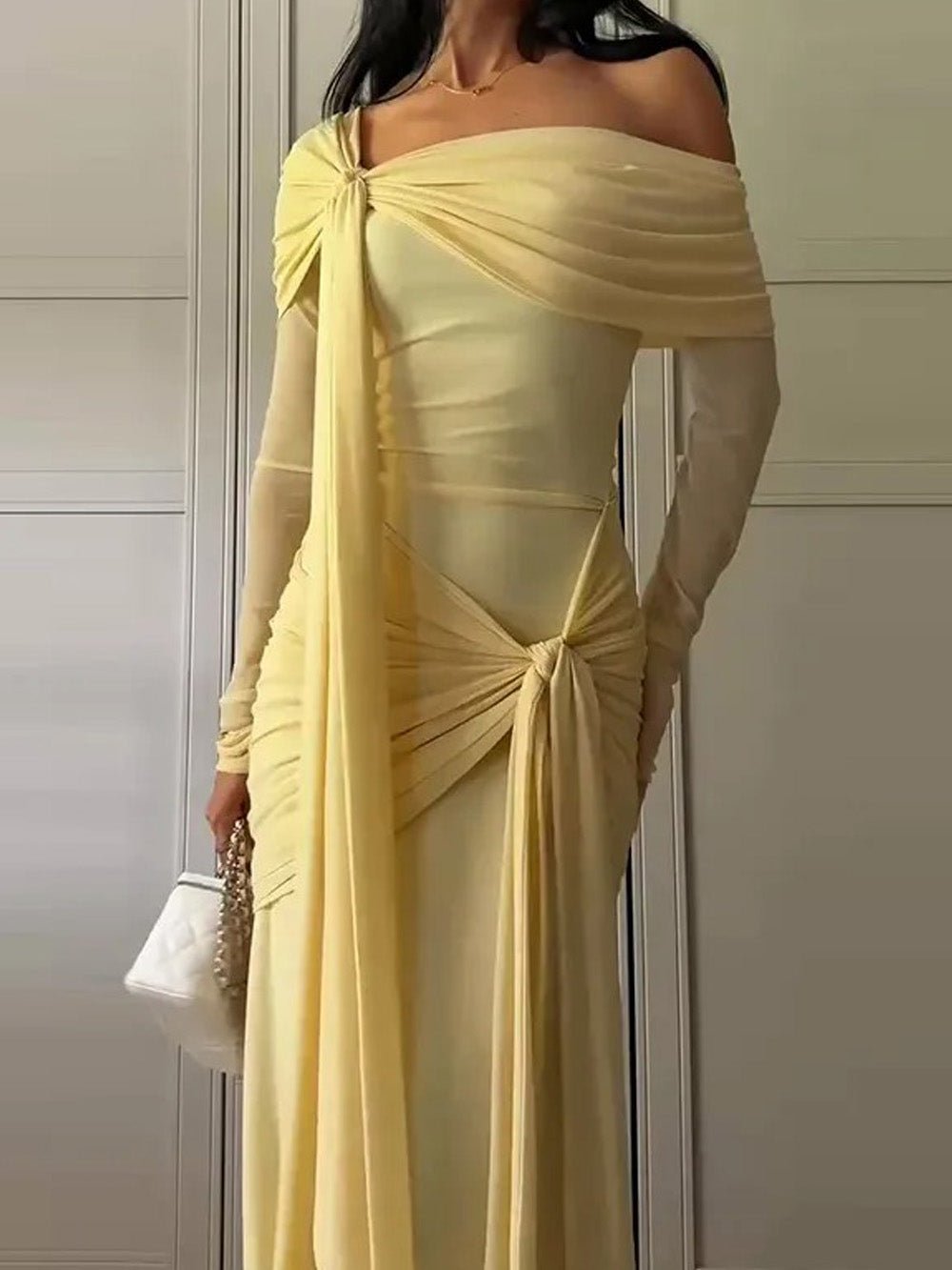 Yellow Off Shoulder Mesh Long Sleeve Knotted Drape Maxi Gown