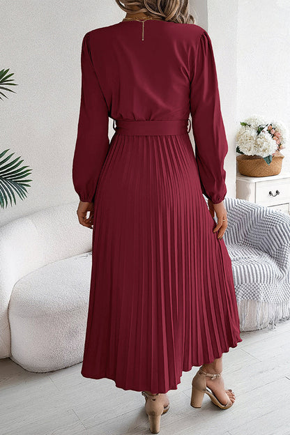 Deep V-Neck Bishop Sleeve Button Front Pleated Belted Midi Dress