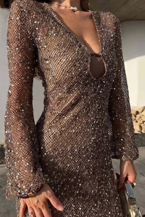 Sequined V-Neck Flared Sleeve Bodycon Maxi Dress