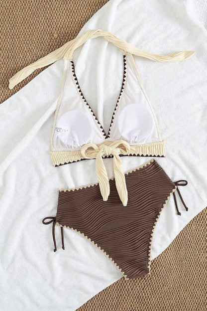 Halter Strappy Backless Textured Two Piece Swim Set