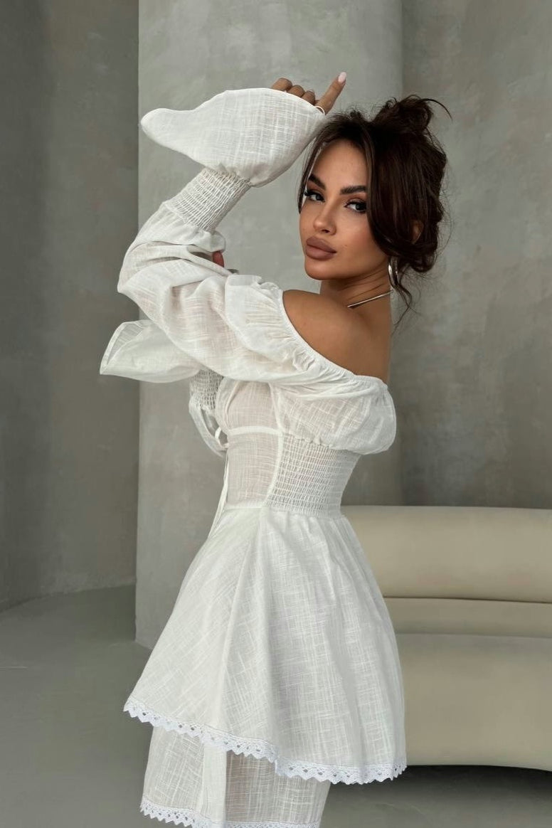 Lantern Sleeve Lace Up Off Shoulder Top Two Piece Shorts Set