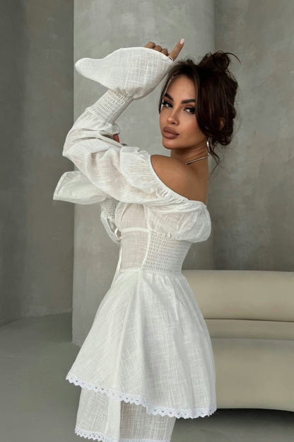 Lantern Sleeve Lace Up Off Shoulder Top Two Piece Shorts Set