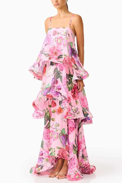 Armani Georgette Fabric Floral Print Tiered Slip Square Neck A-line Maxi Dress