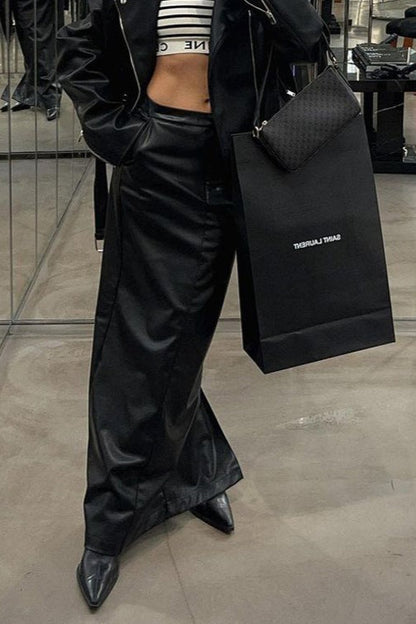 High Slit PU Leather Bodycon Skirt