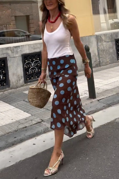 Polka Dot Asymmetrical Mesh Midi Skirt