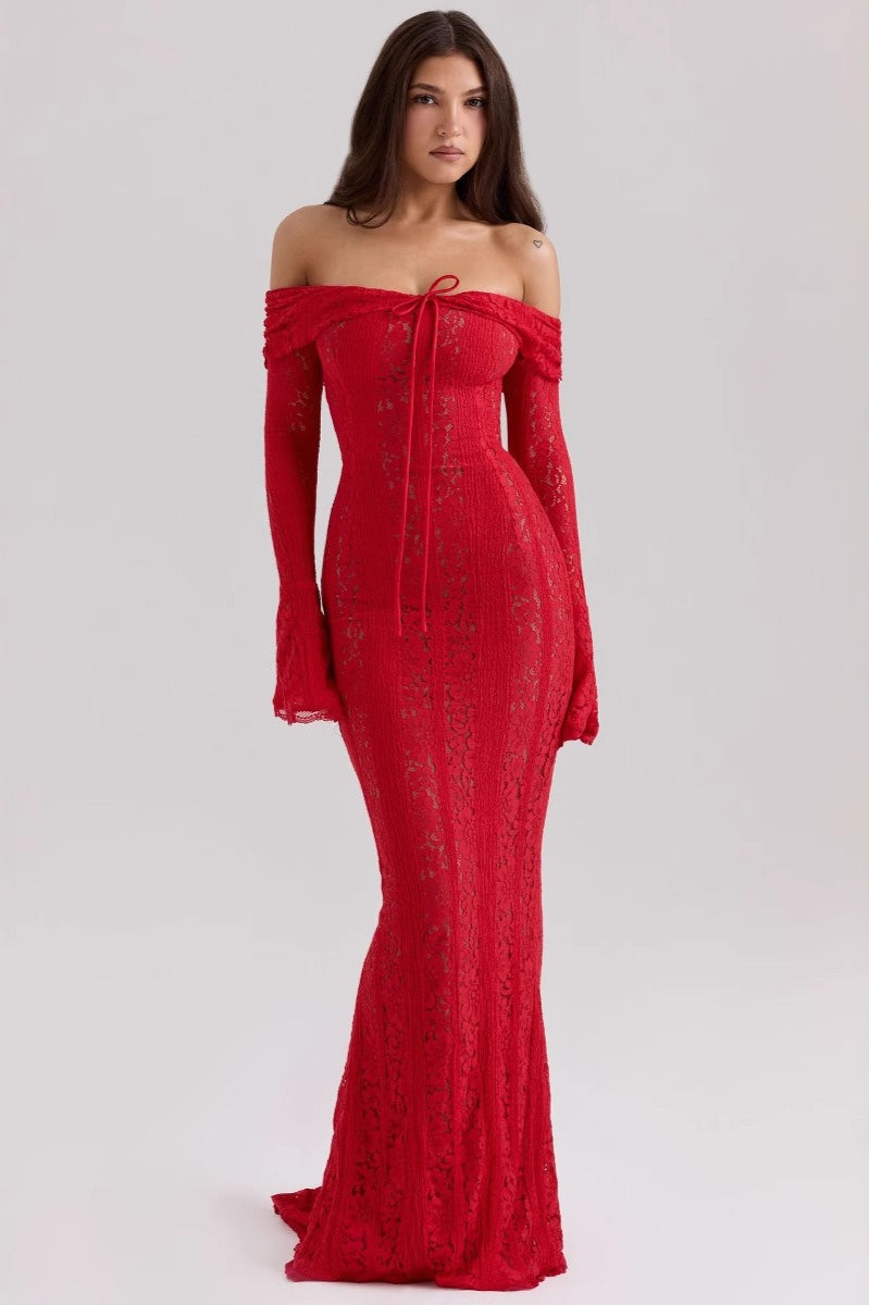 Off Shoulder Bell Sleeve Vertical Lace Panel Mermaid Maxi Dress