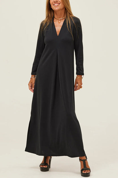 V-Neck Three Quarter Sleeve Relaxed Side Slit Maxi Dress