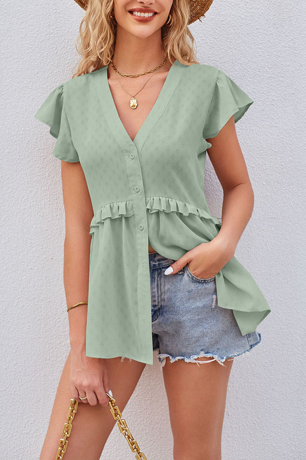 Hollow jacquard waist lace ruffle sleeve shirt