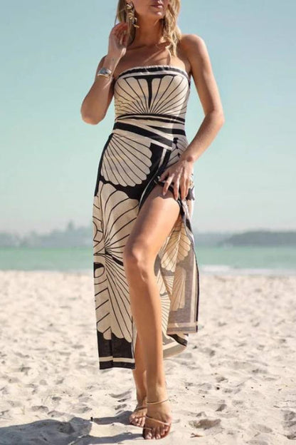 Strapless Shell Print Waist-Cinched Side Slit Maxi Dress