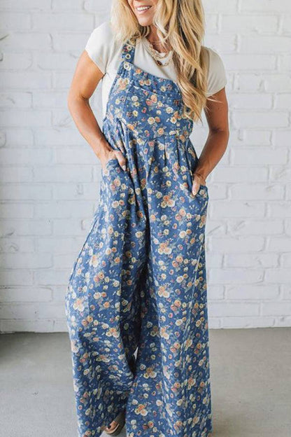 Blue Floral Print Loose Wide Leg Overalls