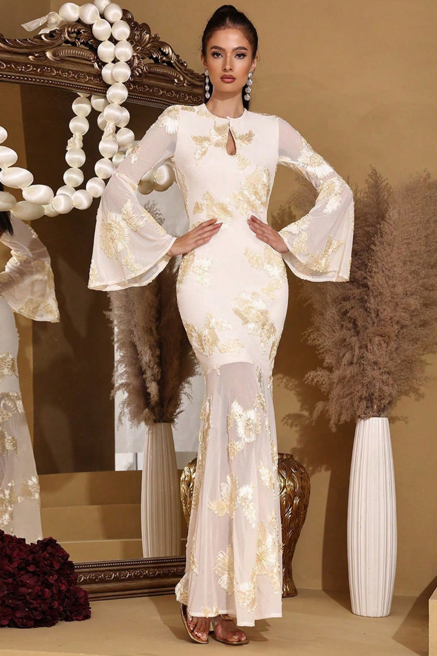 Elegant Embroidered Mesh Trumpet Sleeve Prom Dress