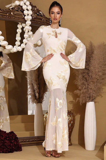 Elegant Embroidered Mesh Trumpet Sleeve Prom Dress