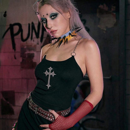 Mysterious Chain Black Cross Print Black Crop Top