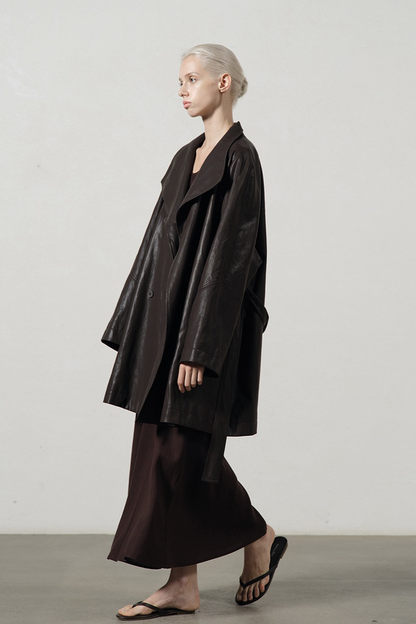 PU Leather Mid Length Trench Style Overcoat