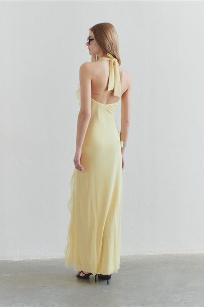 Solid Halter Deep V Back Lace Detail Long Prom Dress