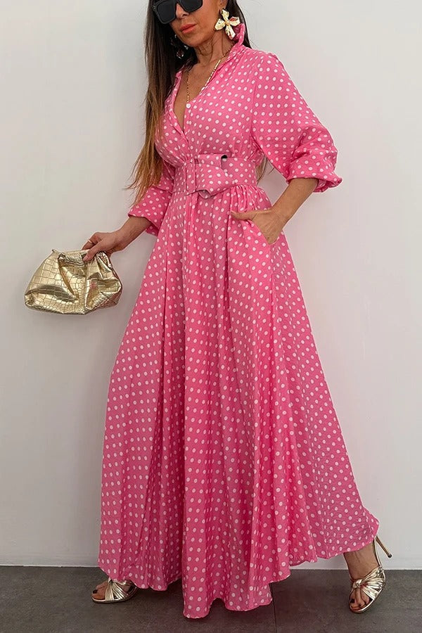 Ruby Color Blocked Polka Dot Print Belted Long Sleeve Pocket Shirt Maxi Dress