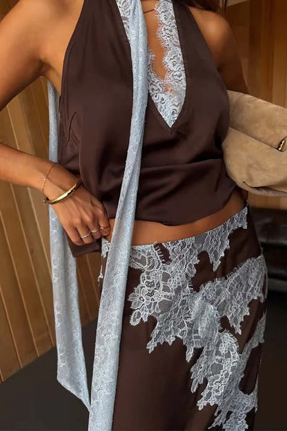 Sunday Social Contrast Color Satin Lace Trim Mid Rise Maxi Skirt
