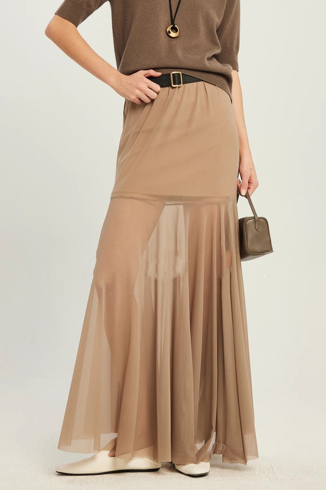 High Waist Tiered Mesh Insert Asymmetrical Skirt
