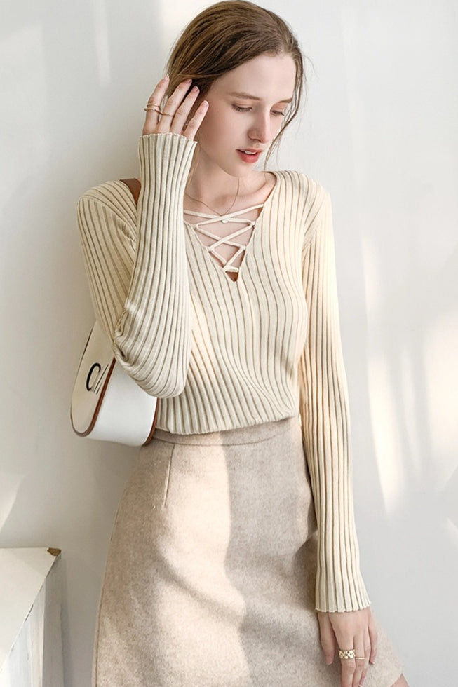 Slim Fit Lace Up V Neck Sweater