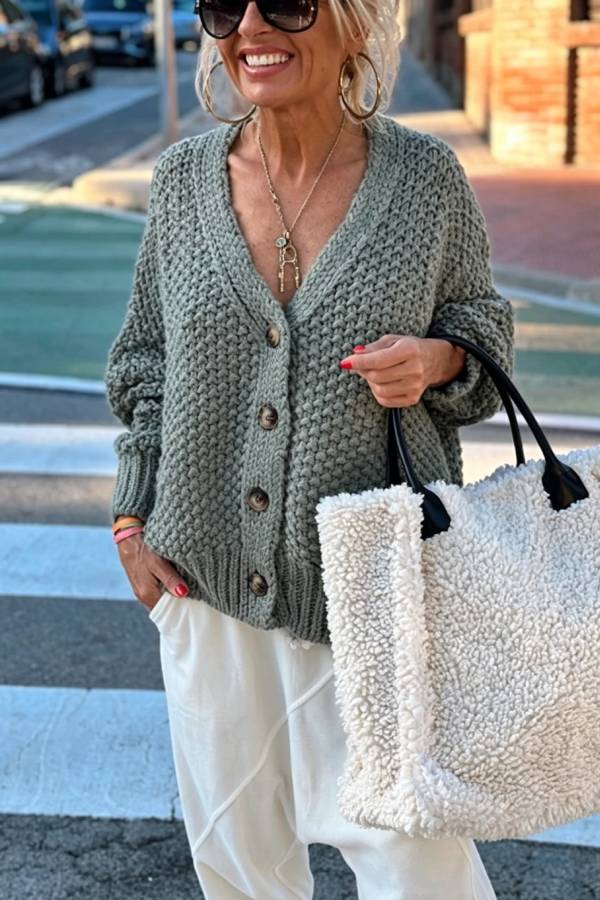 Hestia Knitted Texture Solid Color Button Long Sleeve Relaxed Cardigan