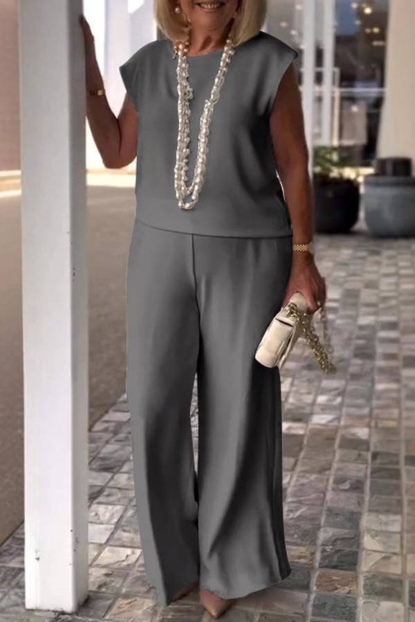 Sleeveless Round Neck Wide-Leg Pants Set