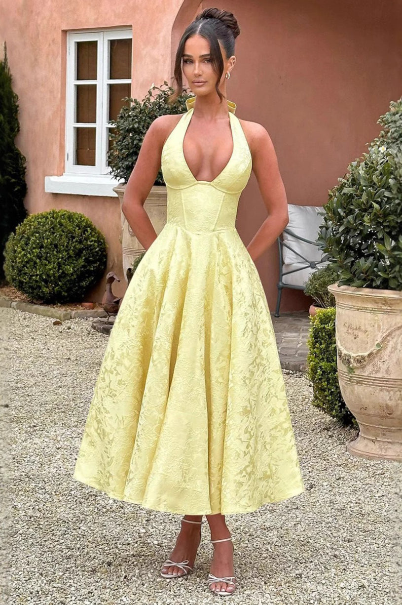 Jacquard Halter V-Neck Party Dress