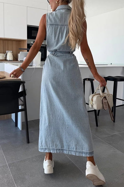 Solid Color Sleeveless Single Breasted Waist Tie Casual Pocket Denim Midi Dress