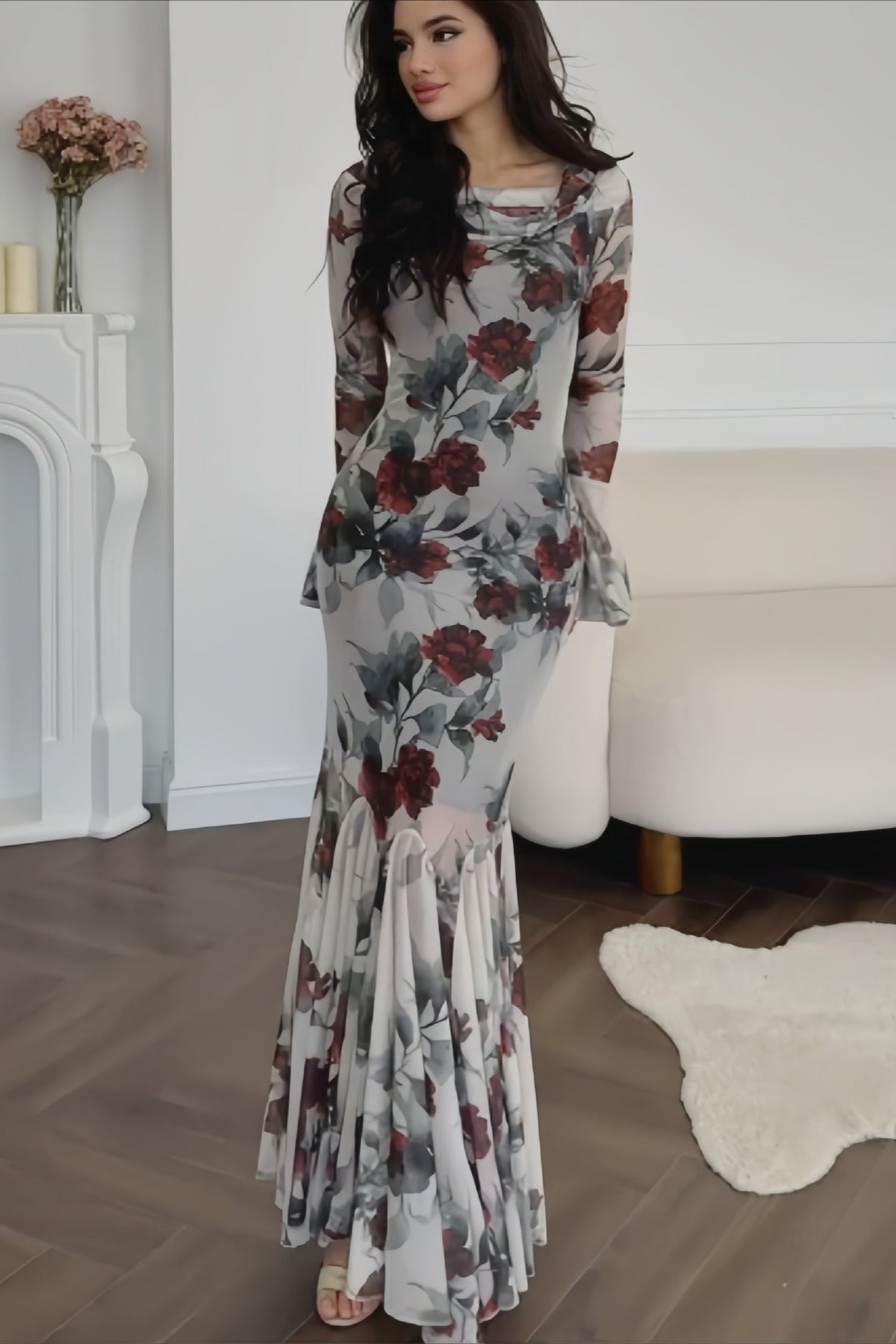 Elegant Long Sleeve Mermaid Rose Floral Dress