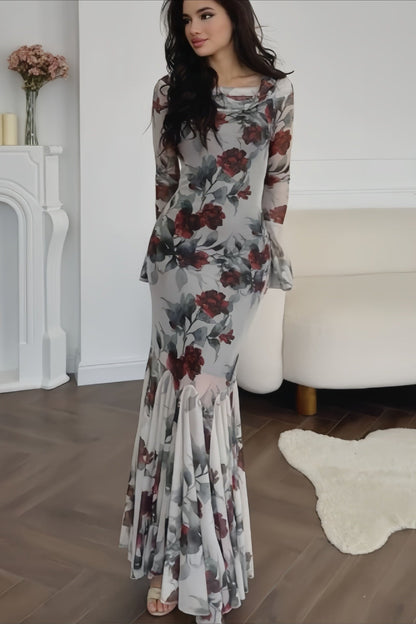 Elegant Long Sleeve Mermaid Rose Floral Dress