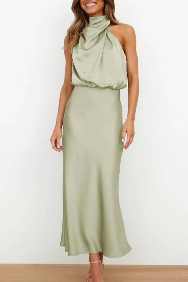 Halter Cowl Neck Satin Waisted Midi Dress