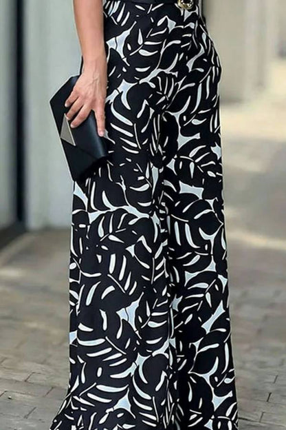 Printed Hollow Halter Sleeveless Waisted Wide Leg Jumpsuit