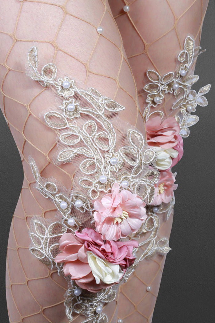 Embroidered Flower Pearl Nude Fishnet Tights