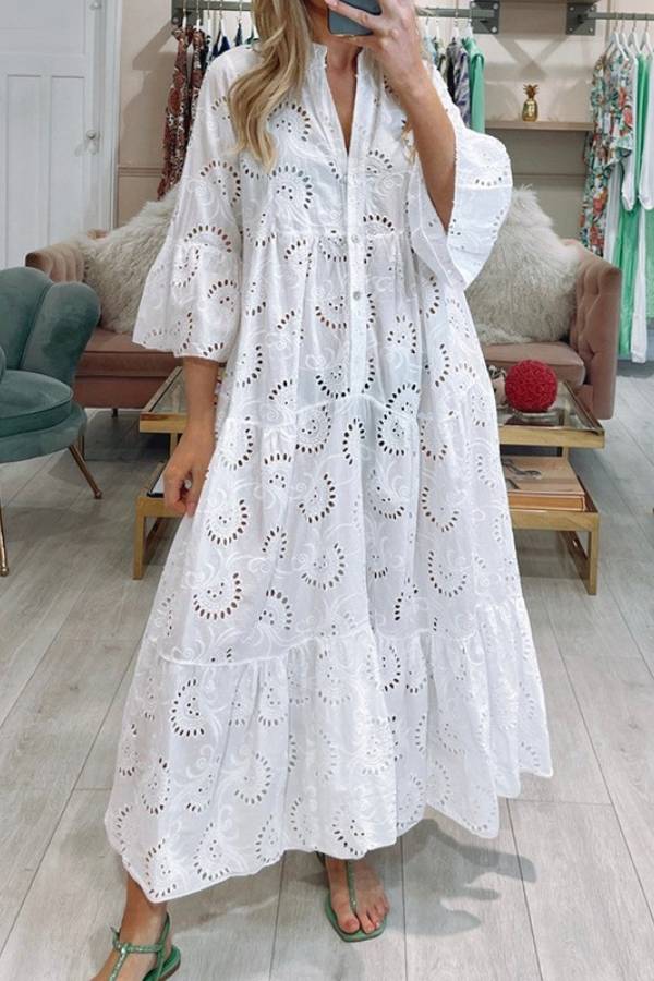 Eyelet Embroidery Maxi Dress Stand Collar Half Button 3/4 Flare Sleeve Loose Beach Vacation Dress