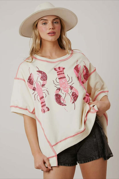 Sequin Lobster Contrast Stitch Oversized T-Shirt