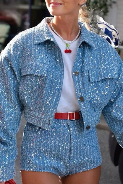 Sequin Denim Cropped Jacket & High Waist Shorts Two Piece Set